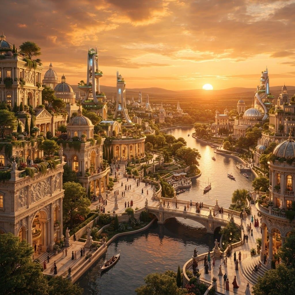 Future civilisation balancing culture, technology and nature at sunset